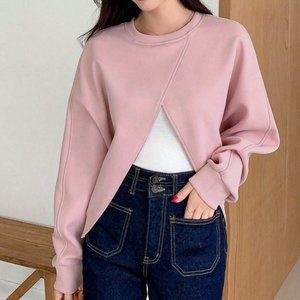 DAZY Solid Wrap Front Batwing Sleeve Crop Sweatshirt